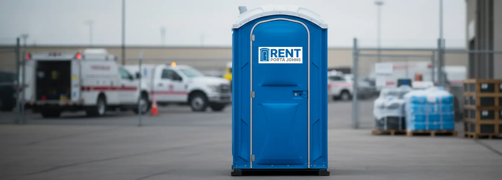 Blue portable restroom with Rent Porta Johns logo at an emergency response staging area