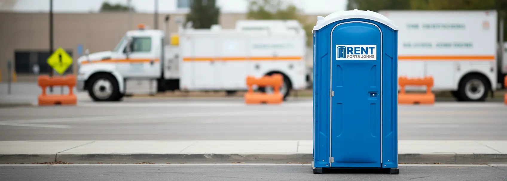Blue portable restroom with Rent Porta Johns logo at a municipal street work site