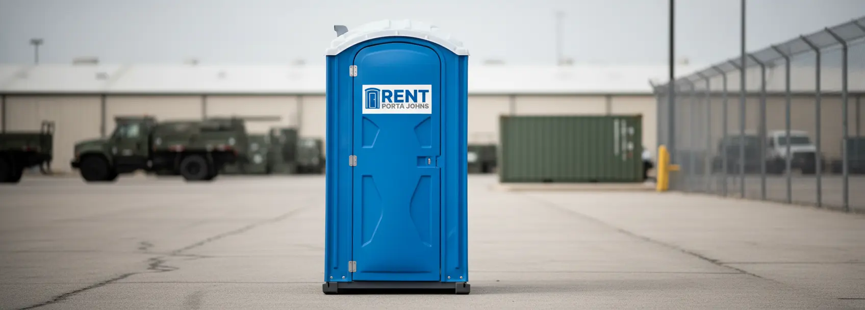 Blue portable restroom with Rent Porta Johns logo at a military logistics support facility