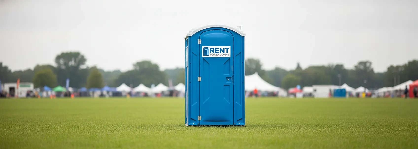 Blue portable restroom with Rent Porta Johns logo in an outdoor recreational setting