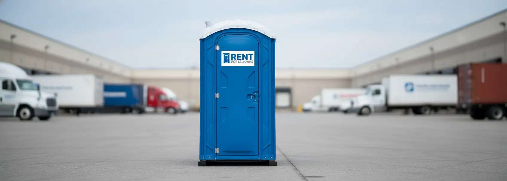 Blue portable restroom with Rent Porta Johns logo at a transportation and logistics hub