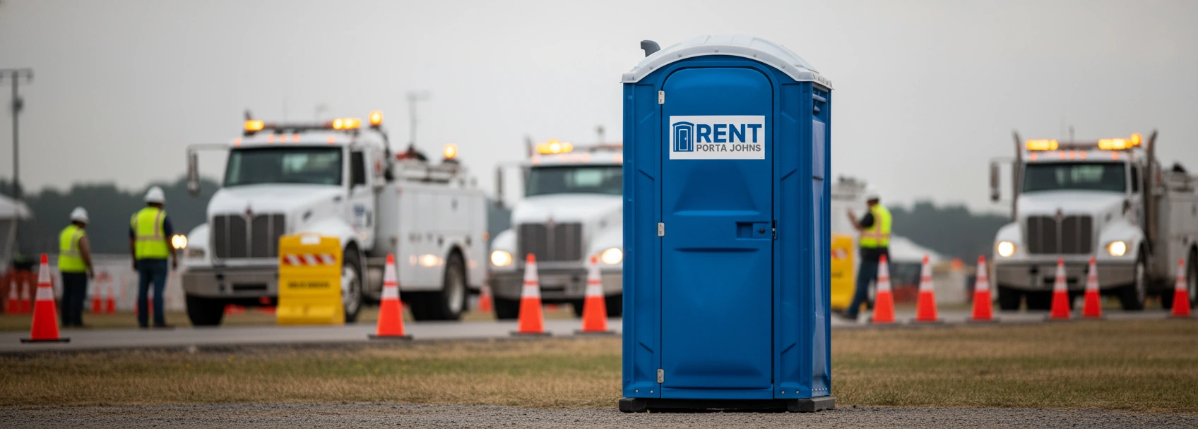 Portable restroom unit placed at a utilities and infrastructure worksite with service trucks and traffic cones in the background.